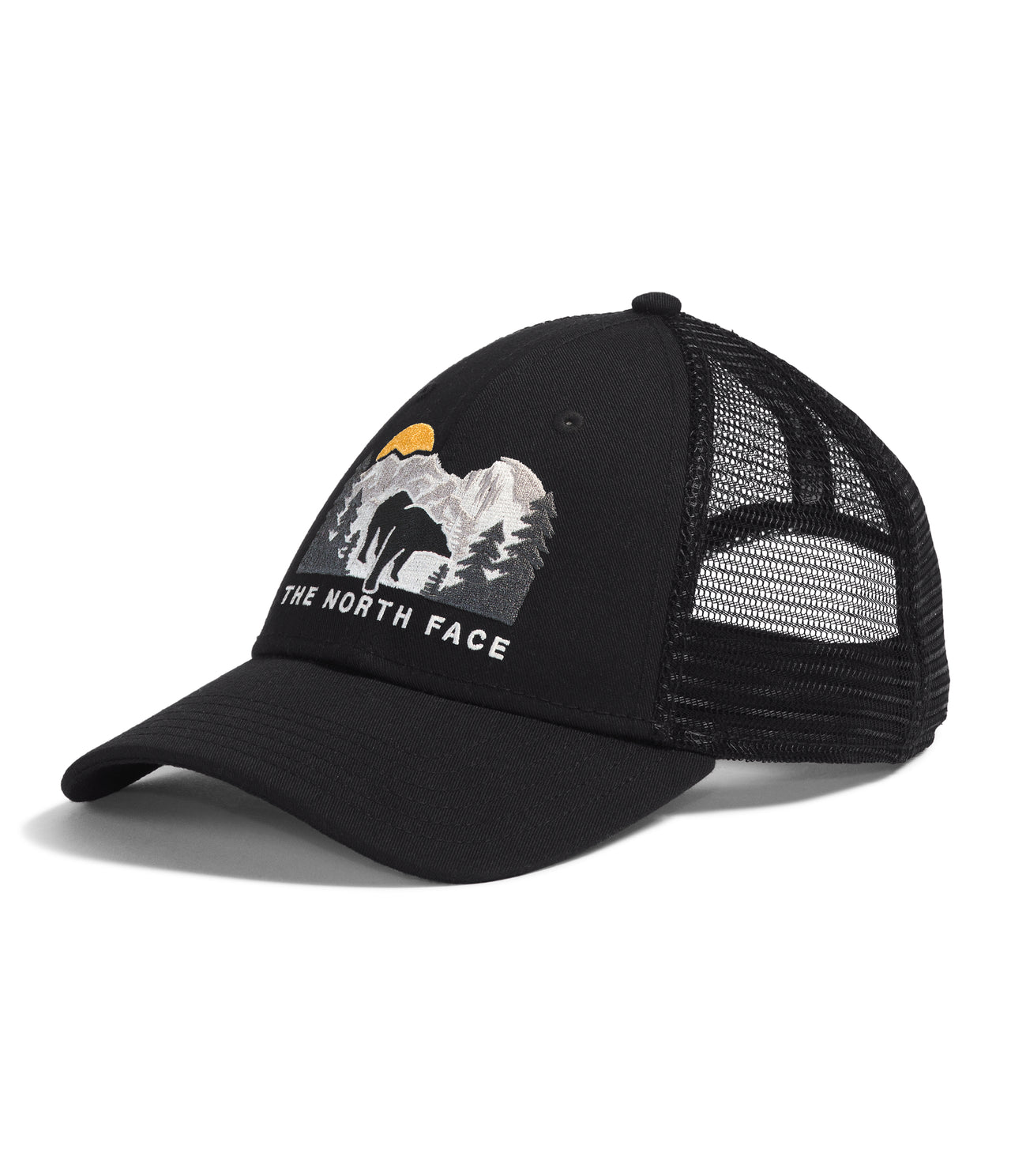 Black trucker hat with an embroidered graphic of mountains and trees. The text "THE NORTH FACE" is underneath the graphic.  The back of the hat is mesh.