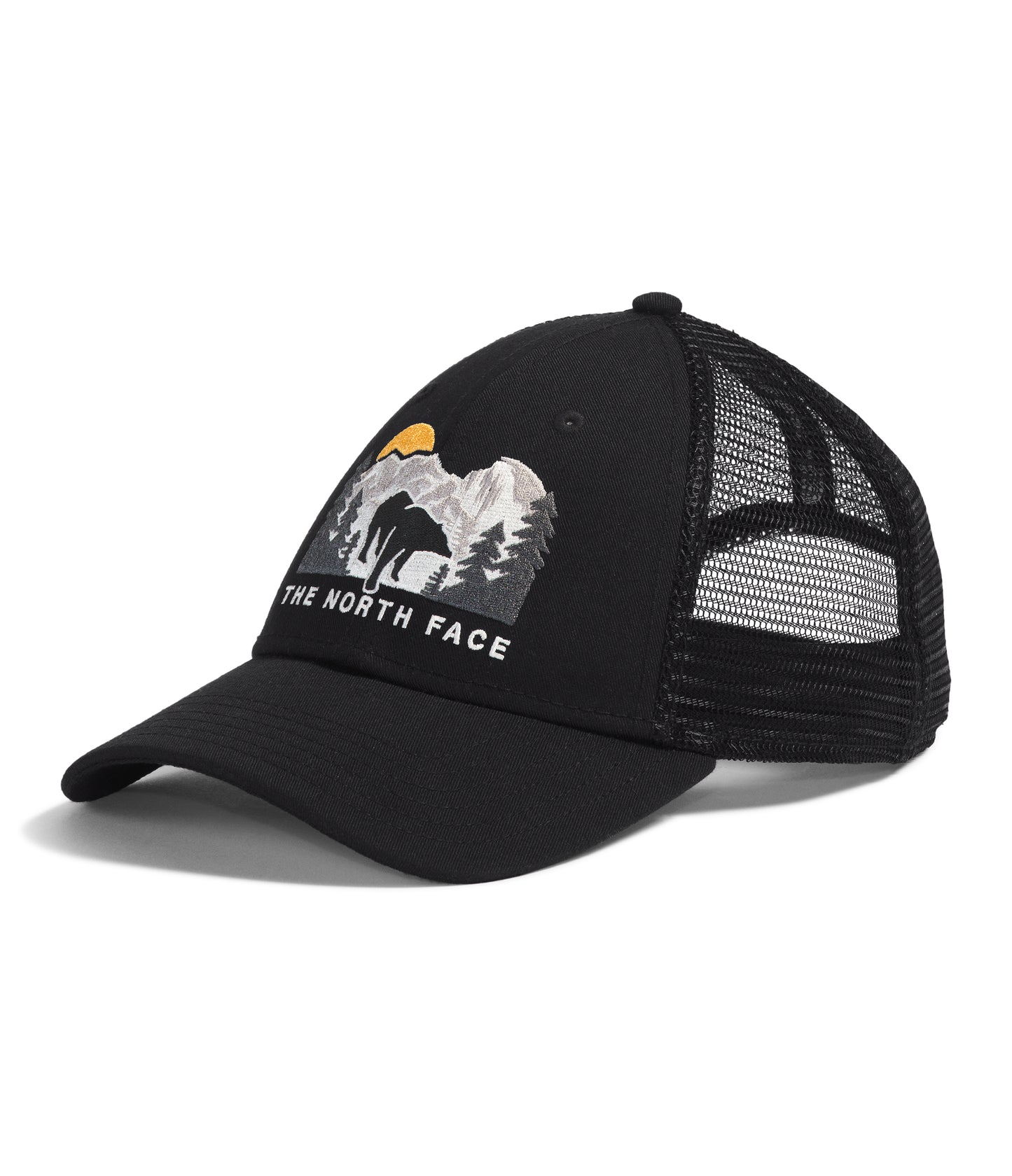 Black trucker hat with an embroidered graphic of mountains and trees. The text "THE NORTH FACE" is underneath the graphic.  The back of the hat is mesh.