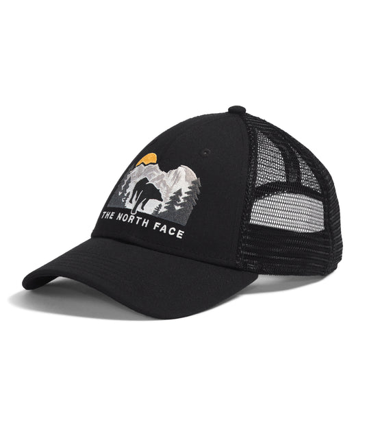 Black trucker hat with an embroidered graphic of mountains and trees. The text "THE NORTH FACE" is underneath the graphic.  The back of the hat is mesh.