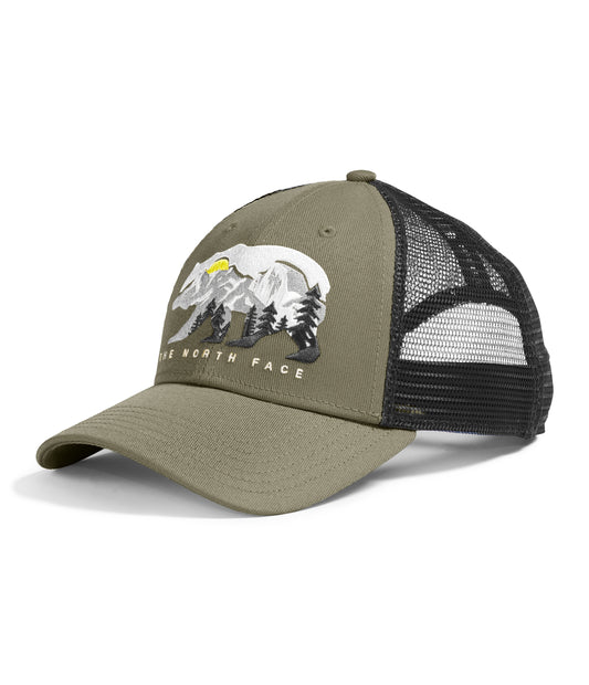 Khaki hat with black mesh back featuring bear, mountain, and trees graphic and "The North Face" text.