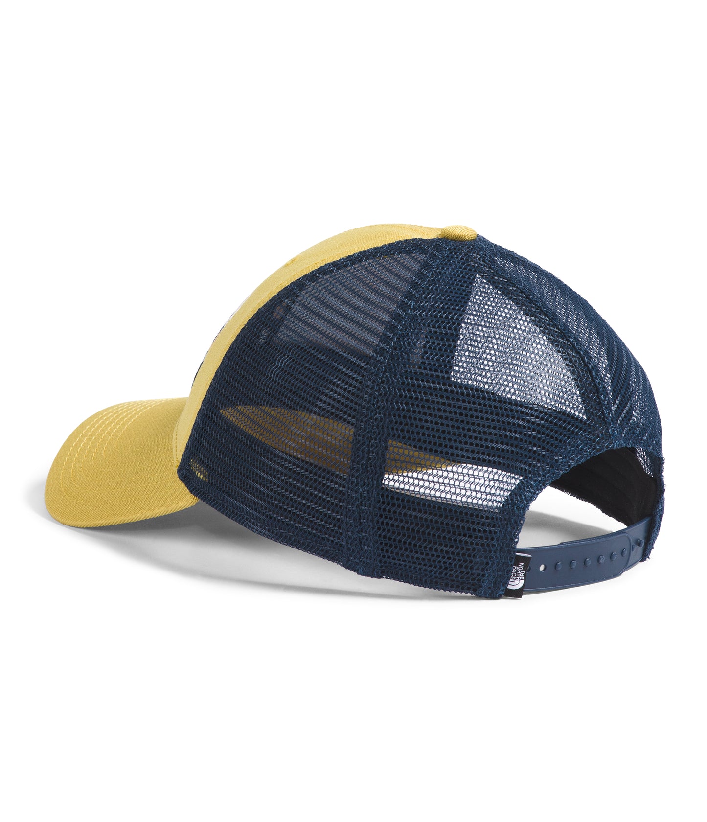 Rear view of a two-tone corduroy trucker hat with navy blue mesh.
