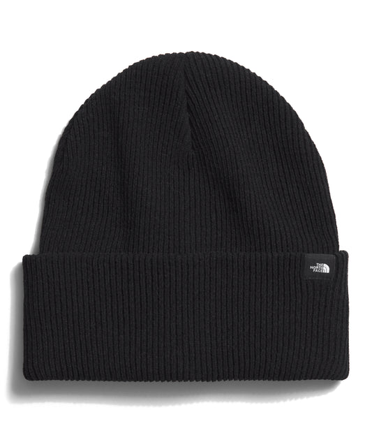 Black beanie with ribbed texture.