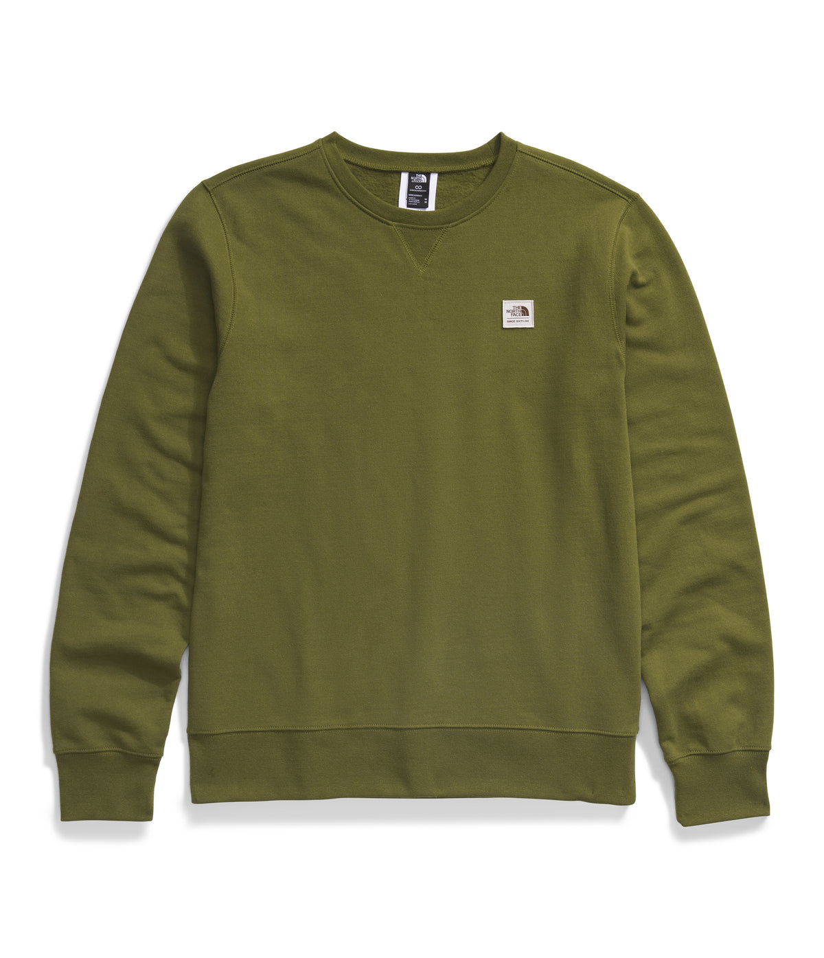 Olive crewneck sweatshirt with a small logo patch on the left chest.