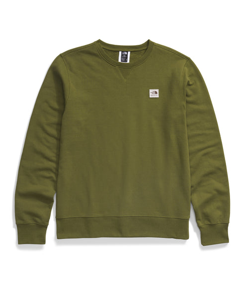 Olive crewneck sweatshirt with a small logo patch on the left chest.