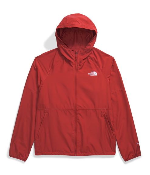 Red hooded rain jacket with logo on chest