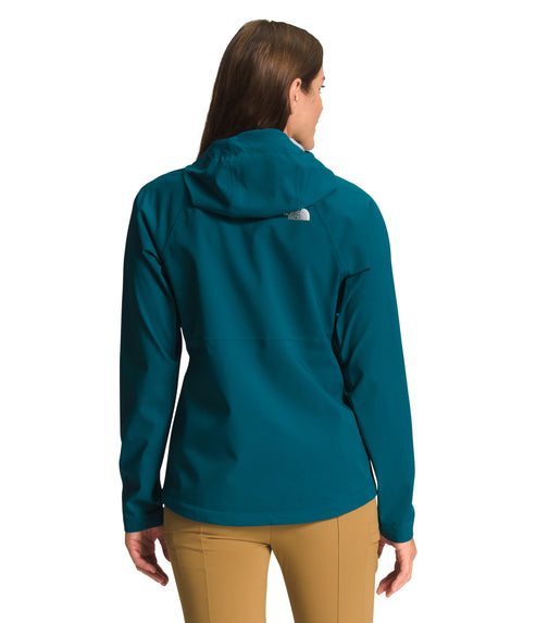 Teal hooded jacket on a person from behind.