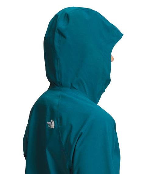 Close-up view of the back and hood of a teal jacket featuring a white logo.