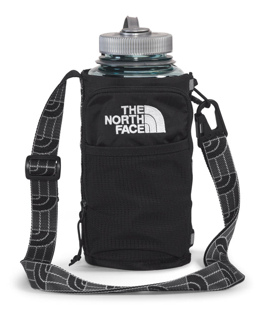 Black water bottle holder with a gray and black shoulder strap and white text that reads "THE NORTH FACE"