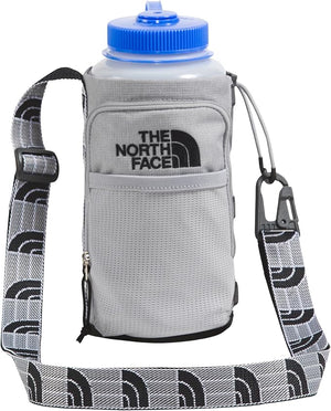 Water bottle with gray carrier, printed shoulder strap, blue top, and black logo.
