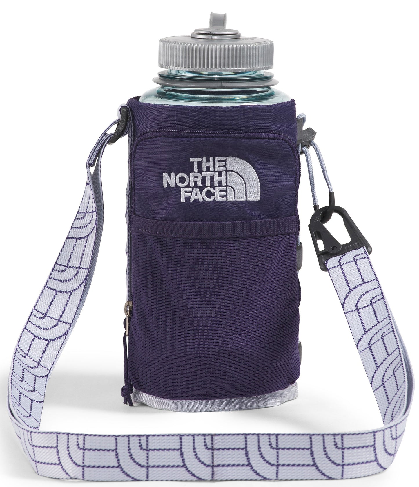 A water bottle in a purple holder with an attached white shoulder strap featuring a repeating North Face logo.