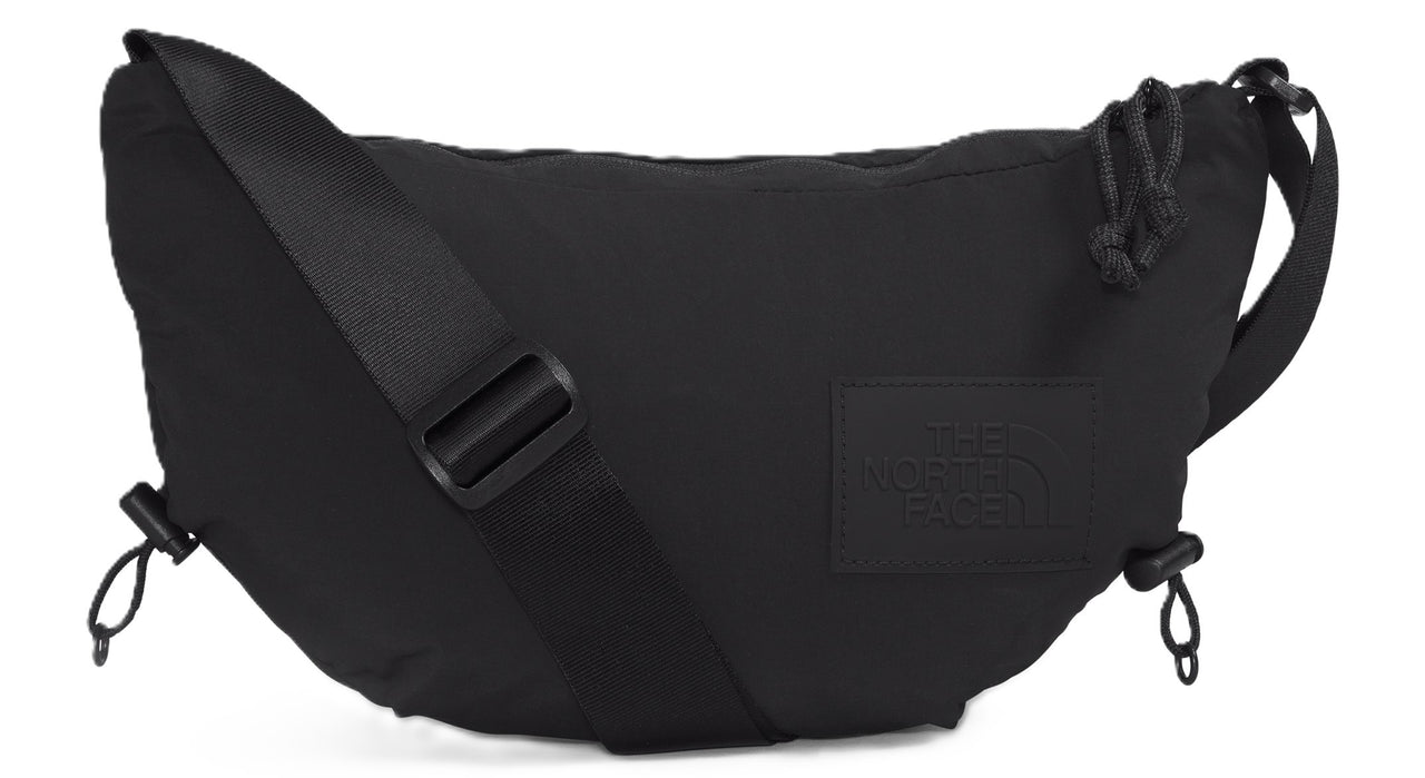 A black, horizontal hip pack with a black strap.