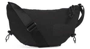 A black, horizontal hip pack with a black strap.