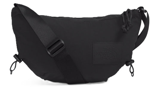A black, horizontal hip pack with a black strap.