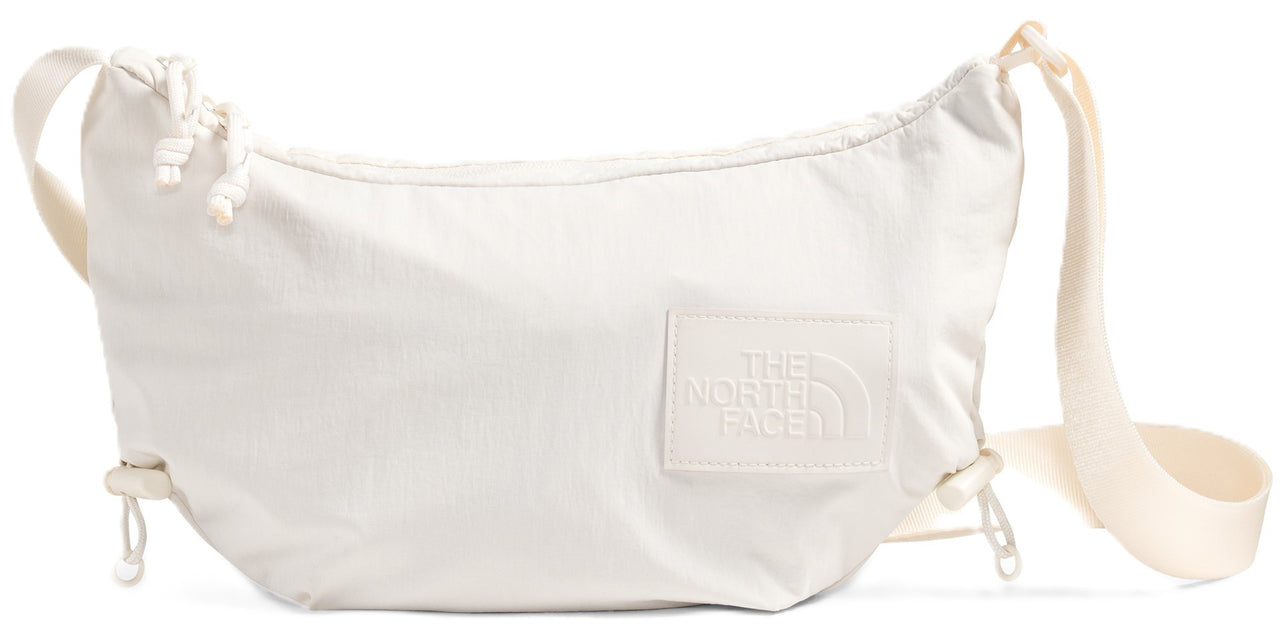 A white bag with a shoulder strap and white drawstrings, with a rectangular logo on the front.