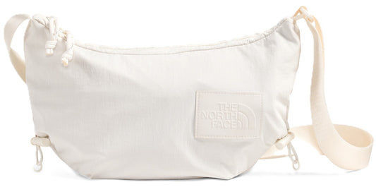 A white bag with a shoulder strap and white drawstrings, with a rectangular logo on the front.
