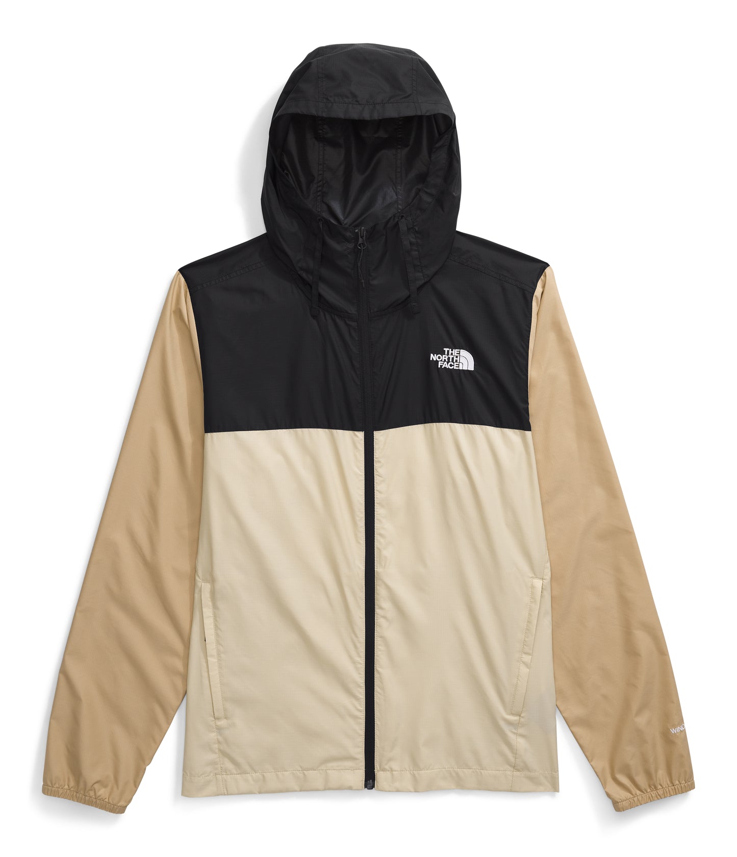 A hooded jacket with a black upper torso, beige lower torso, and beige sleeves. The logo is on the upper right side.