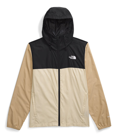 A hooded jacket with a black upper torso, beige lower torso, and beige sleeves. The logo is on the upper right side.