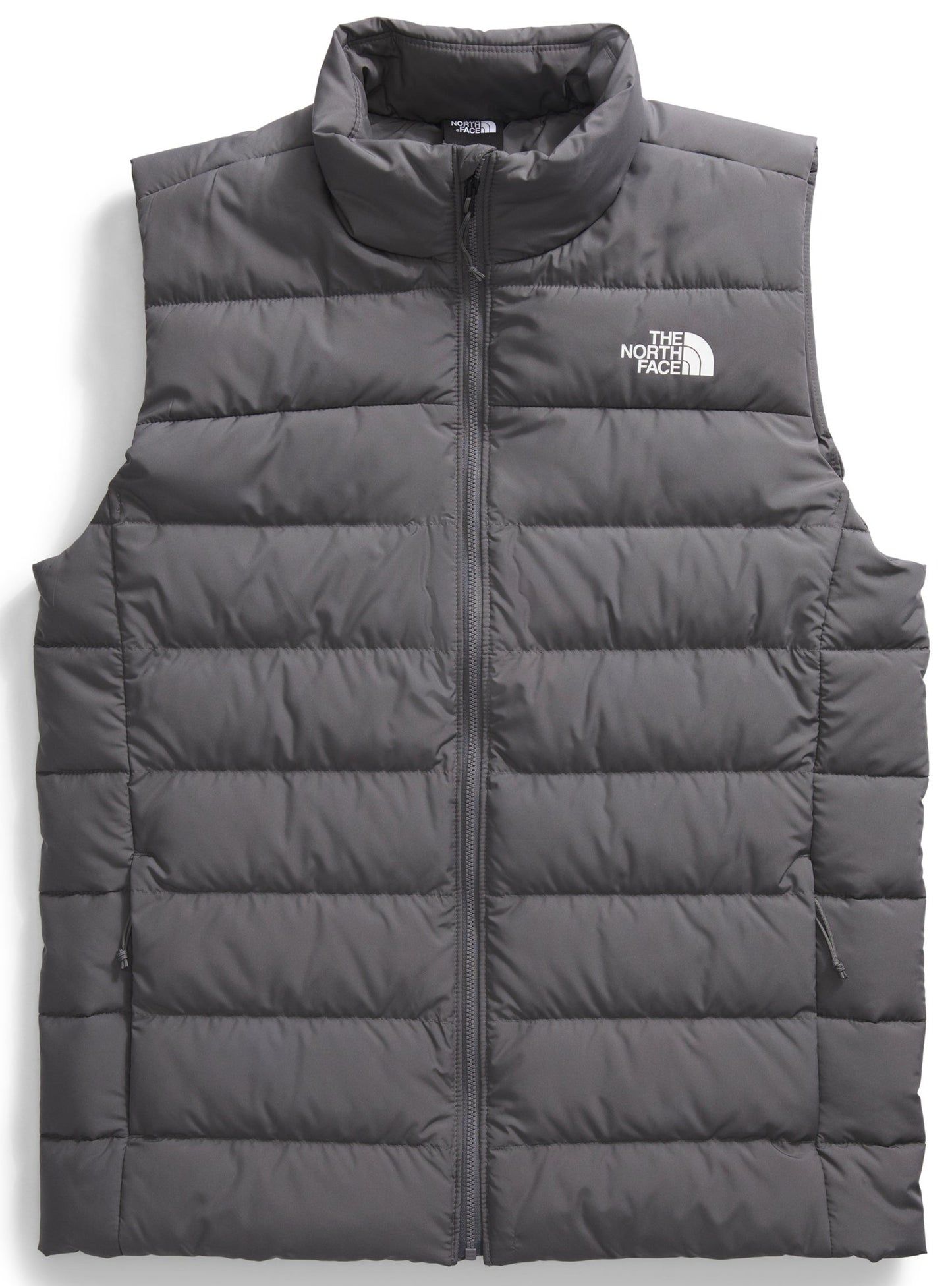 Gray quilted vest with a full zipper and a logo on the chest.