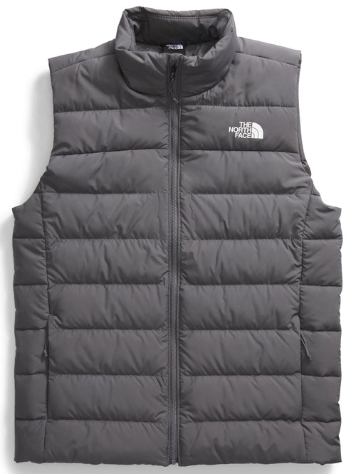 Gray quilted vest with a full zipper and a logo on the chest.