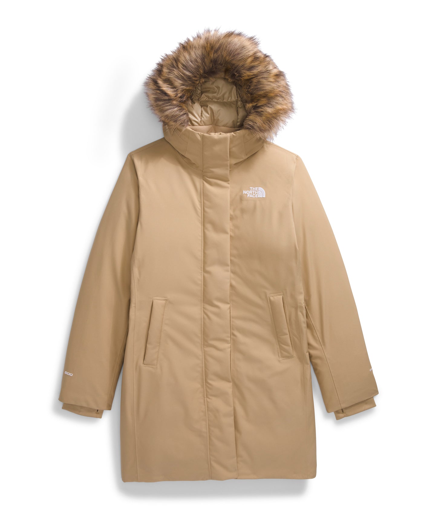 Tan winter coat with fur-trimmed hood.