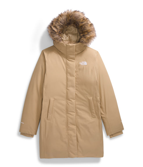 Tan winter coat with fur-trimmed hood.