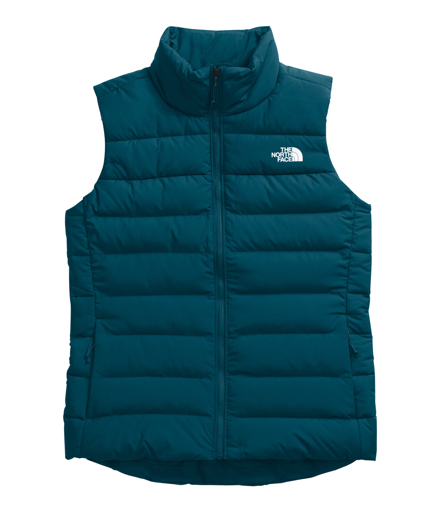 Teal puffer vest with a white logo on the upper-right chest.