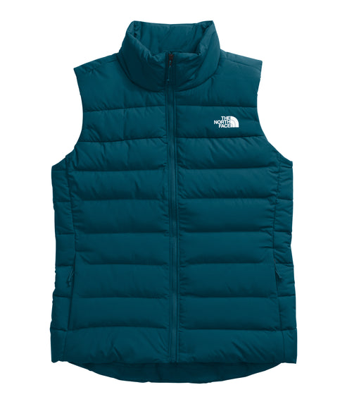 Teal puffer vest with a white logo on the upper-right chest.
