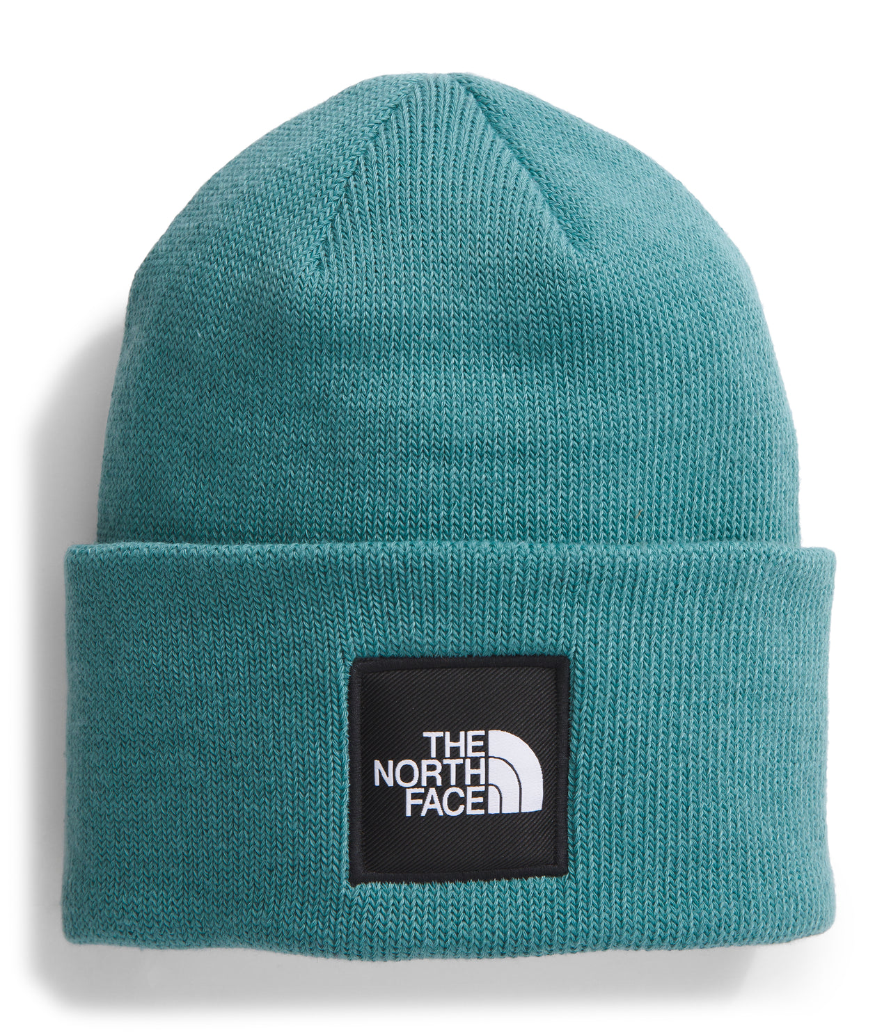 Teal knit beanie with a black square logo patch that reads "THE NORTH FACE" in white.