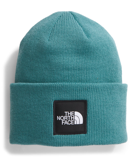 Teal knit beanie with a black square logo patch that reads "THE NORTH FACE" in white.
