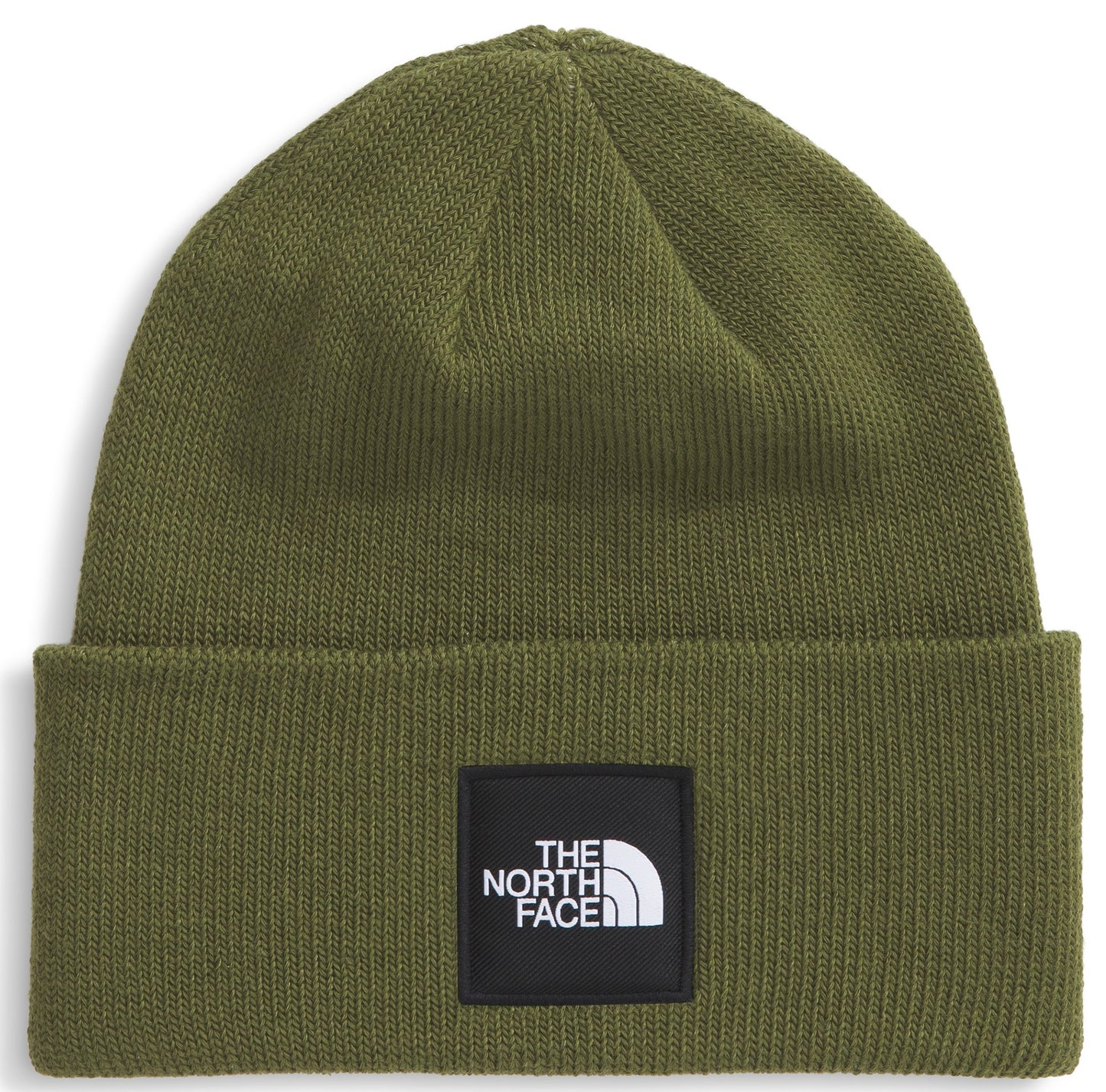 Olive beanie with a black patch that has white text saying "The North Face" with a half-dome logo above.