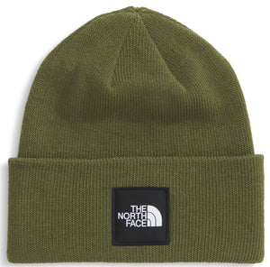 Olive beanie with a black patch that has white text saying "The North Face" with a half-dome logo above.