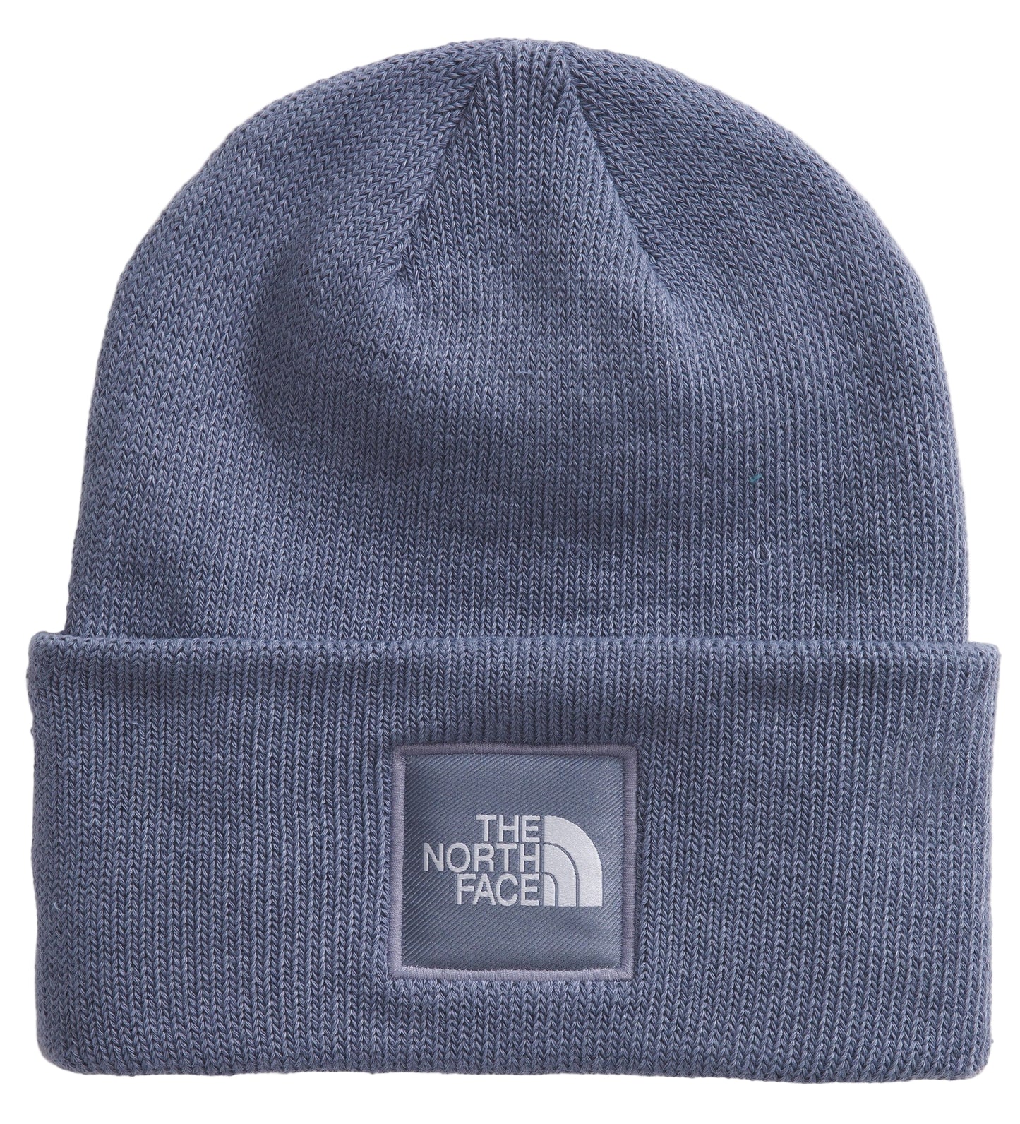 Knit beanie with a square patch that says "THE NORTH FACE" in white letters.