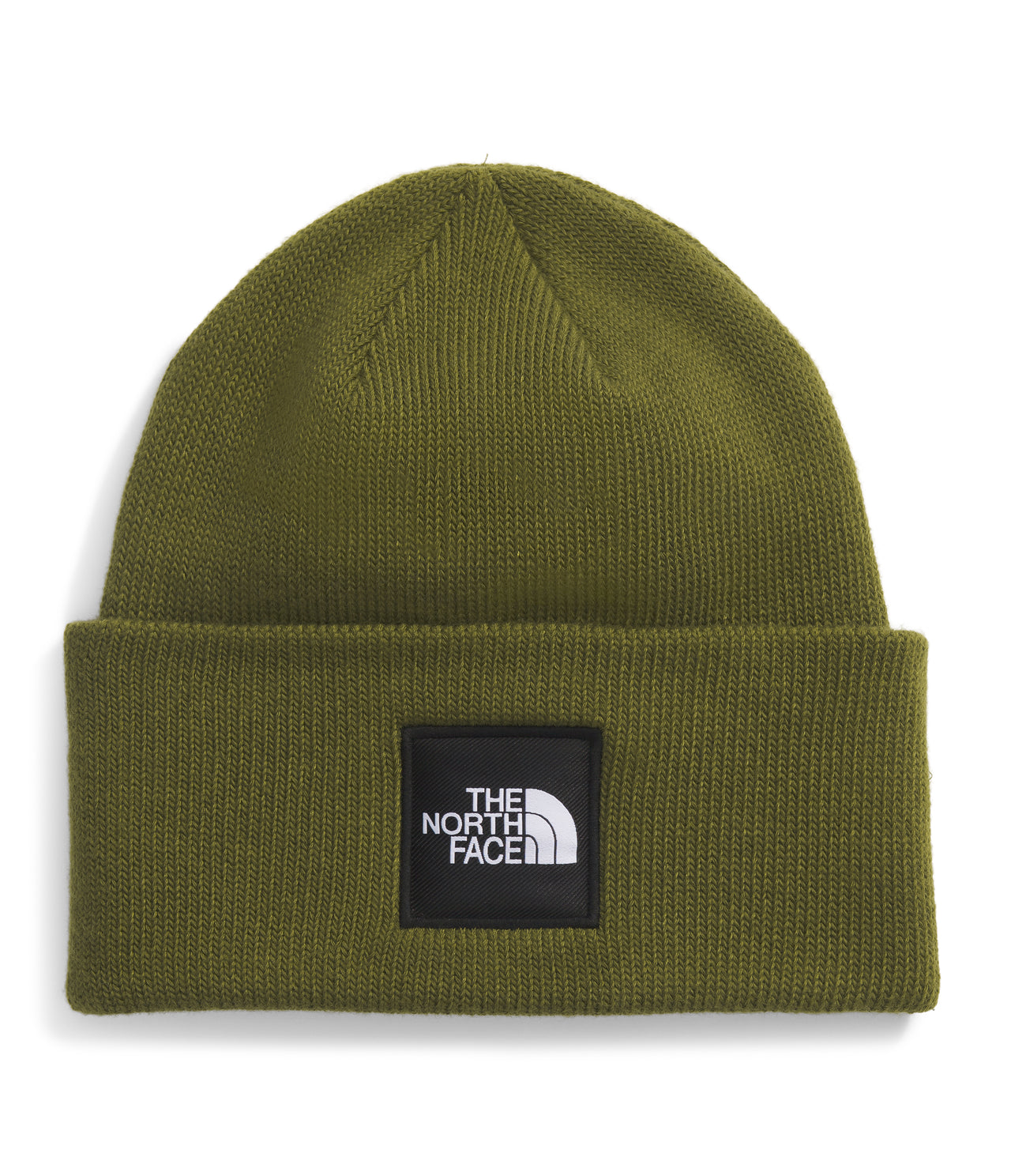 Knit green beanie with logo patch.
