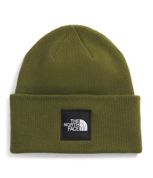 Knit green beanie with logo patch.
