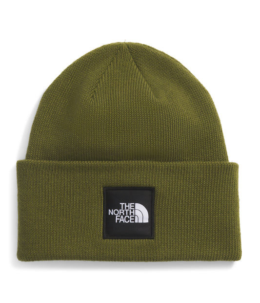 Knit green beanie with logo patch.