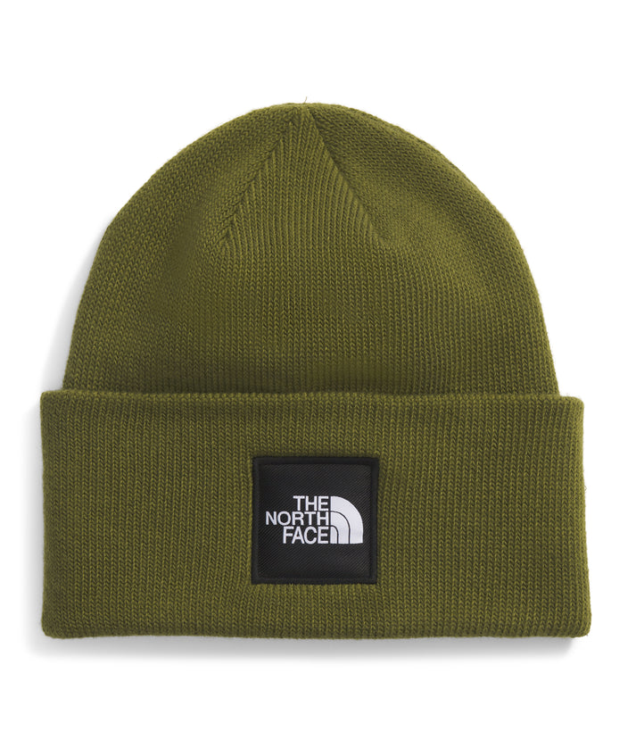 Knit green beanie with logo patch.