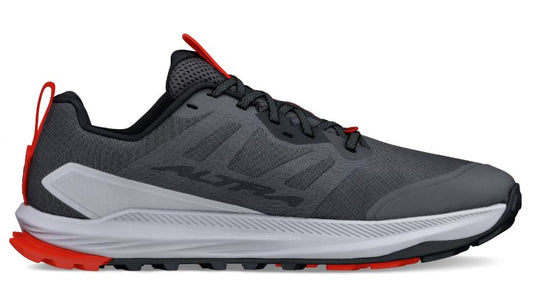 Gray running shoe with red accents.