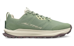 Green running shoe with white logo and brown sole.
