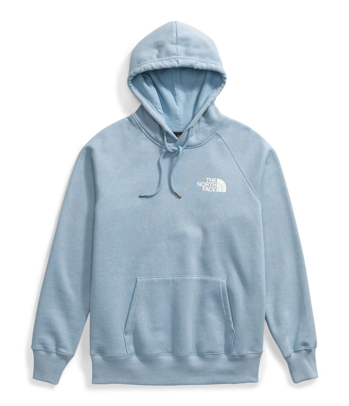 A light blue hoodie with a front pocket and a hood with drawstrings; the text "THE NORTH FACE" appears on the chest.