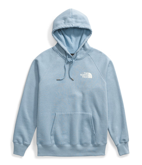 A light blue hoodie with a front pocket and a hood with drawstrings; the text "THE NORTH FACE" appears on the chest.