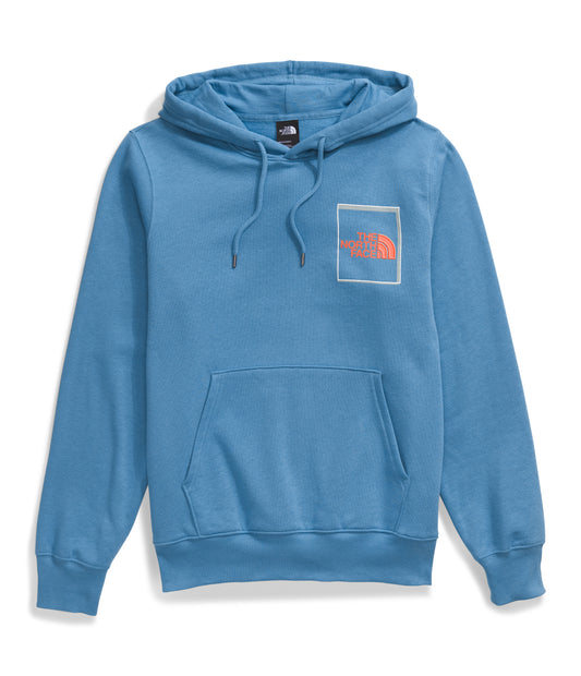 A light blue hooded sweatshirt with a kangaroo pocket, drawstrings, and a square logo with orange design.