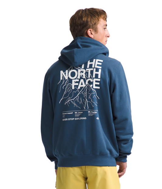 Blue hoodie with a white mountain graphic and text that says "THE NORTH FACE" and "NEVER STOP EXPLORING".
