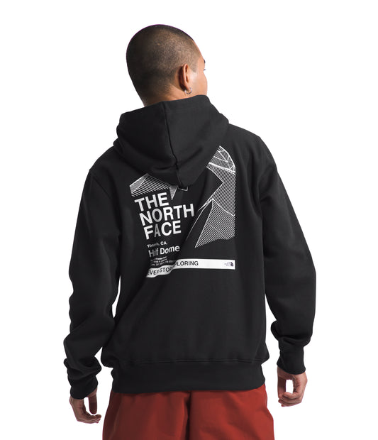 Back view of a black hoodie with "THE NORTH FACE, NORTH CA, Hlf Dome, NEVER STOP EXPLORING" and a mountain graphic on the back.