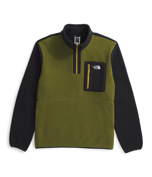 Green and black fleece pullover with zippered chest pocket.
