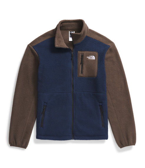 A navy and brown fleece jacket featuring a full-length zipper and a chest pocket with a zipper.