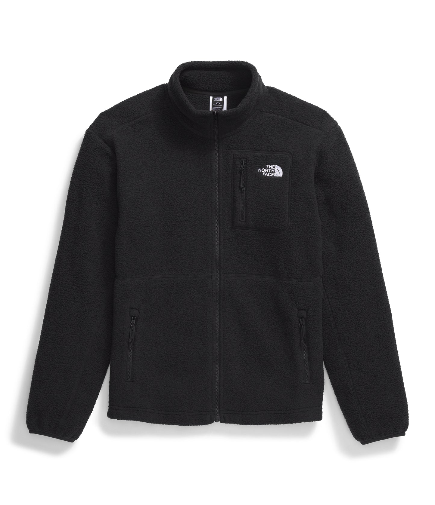 Black fleece jacket with full zipper and chest pocket.