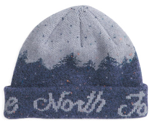 Rolled cuff beanie hat with gray mountain scene and "The North Fo" text.