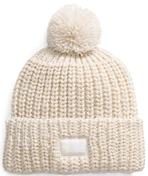 Knitted white beanie with pompom and logo square.