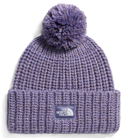 A purple, chunky-knit beanie featuring a thick ribbed cuff with a purple square patch displaying the words THE NORTH FACE and a half-dome logo in white, topped with a matching purple pom-pom.