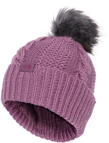Purple knit beanie with faux fur pompom and textured pattern.